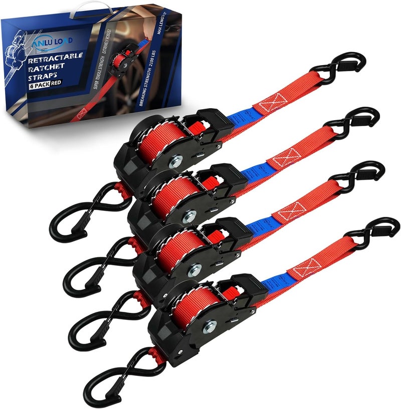 ANLU LOAD ANLULOAD Retractable Ratchet Strap(1 in x 9.8 ft),Ratchet Tie Down Strap for Motorcycles, Boats,Atvs,Utvs.W.L.L:700 Lbs/B.S:2,100 Lbs-(4Packs) (Red) - Image 1